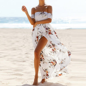 Off Shoulder Side Slit Floral Maxi Dress White