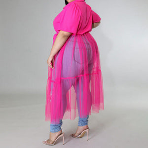 Plus Size Overlay Short Sleeve Blouse Mesh Midi Dress