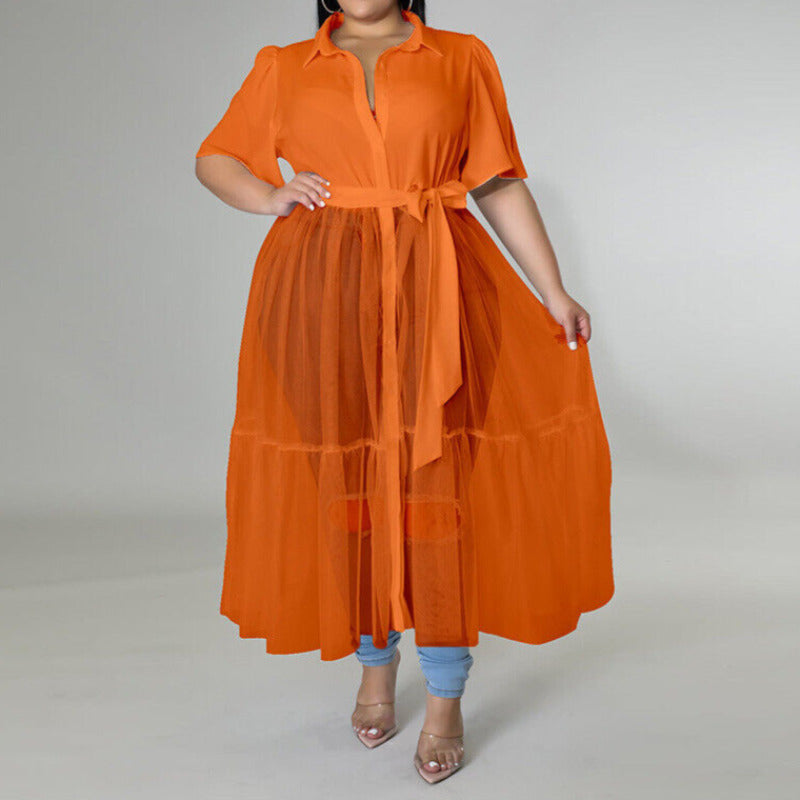 Plus Size Overlay Short Sleeve Blouse Mesh Midi Dress