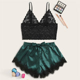 2-Piece Bralette Shorts Sleepwear Set Black Green