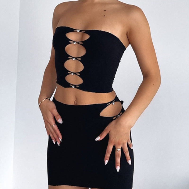 Hollow Out Tube Top And Mini Skirt Matching Set