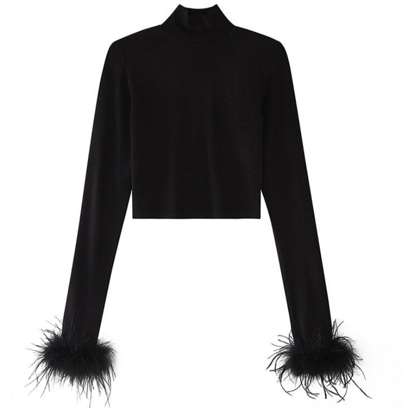 Feathered Long Sleeve Crop Top