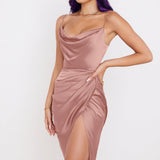 Side Split Satin Ruched Midi Dress Pink