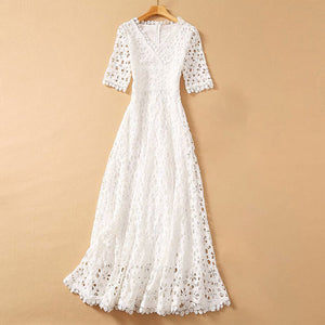 Half Sleeve Hollow Out Embroidery Maxi Dress
