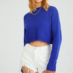 Distressed Cotton Knit Pullover Crop Sweater
