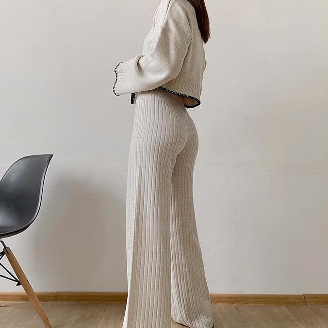 Knitted Contrast Sweater and Pants Set