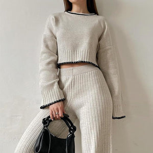 Knitted Contrast Sweater and Pants Set