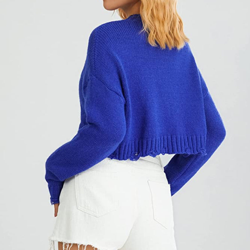 Distressed Cotton Knit Pullover Crop Sweater