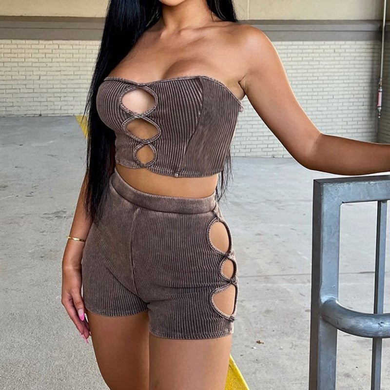 Ribbed Cut Out Crop Top and Shorts Matching Set