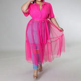 Plus Size Overlay Short Sleeve Blouse Mesh Midi Dress Pink