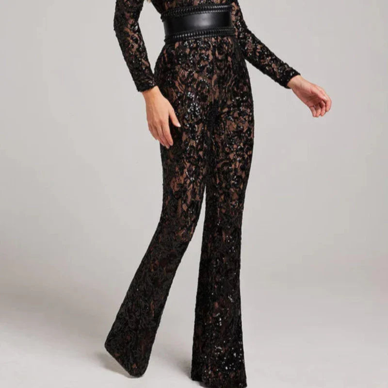 Lace Long Sleeve Flare Jumpsuit