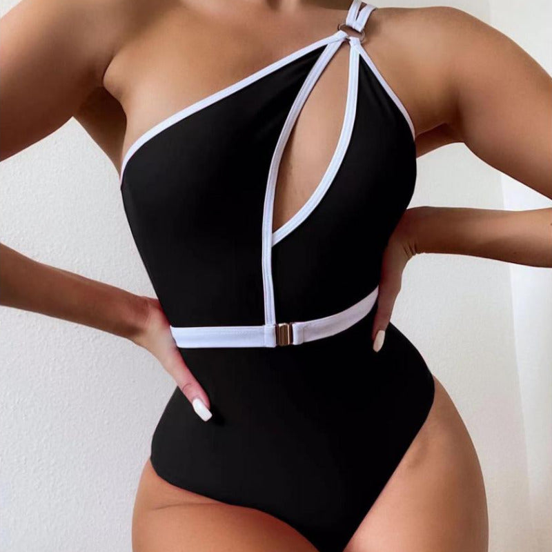 1-Piece Off Shoulder Hollow Out Two Tone Swimsuit