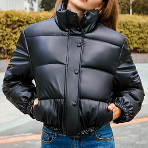 Faux Leather Cotton Padded Down Jacket