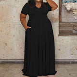 Plus Size Solid V Neck Maxi Dress Black