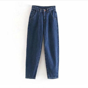 Pleated High Waist Jeans Blue