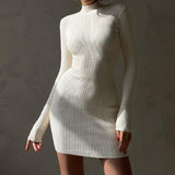 Knitted Turtleneck Long Sleeve Mini Dress Cream