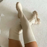 Thigh High Stretch Knit Boots Cream