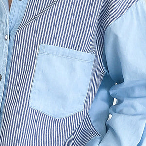 Patchwork Striped Denim Button Up Blouse Top