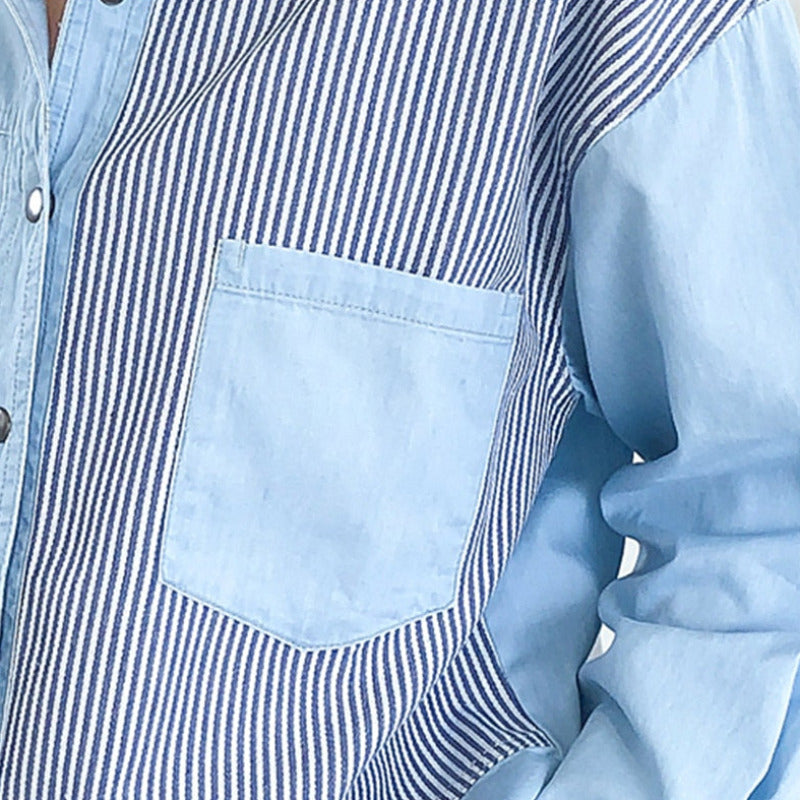 Patchwork Striped Denim Button Up Blouse Top