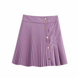 Faux Leather Mini Pleated Button Detail Skirt Purple