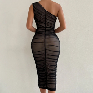 Double Layer Ruched Mesh Midi Dress