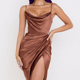 Side Split Satin Ruched Midi Dress Brown