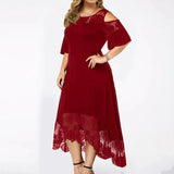 Plus Size Shoulder Cut Out Lace Hem Embroidery Midi Dress Red