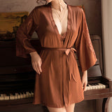 3-Piece Silk Embroidery Lace Sleepwear Set Brown