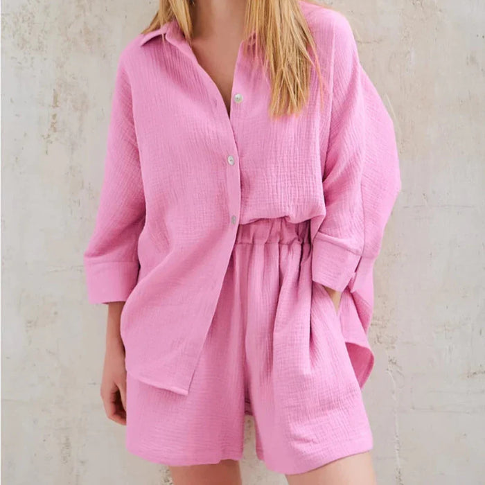 2-Piece Cotton Collar Shirt Shorts Set Pink