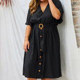 Plus Size Wooden Belt Midi Dress Black