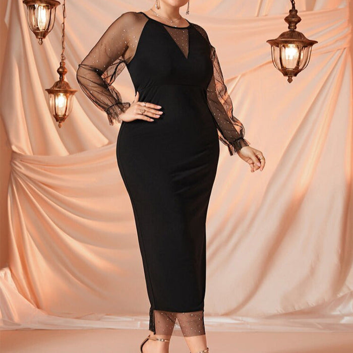 Plus Size Petal Sleeve Sheer Mesh Midi Dress Black