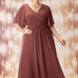 Plus Size Short Sleeve Chiffon Maxi Dress Rust