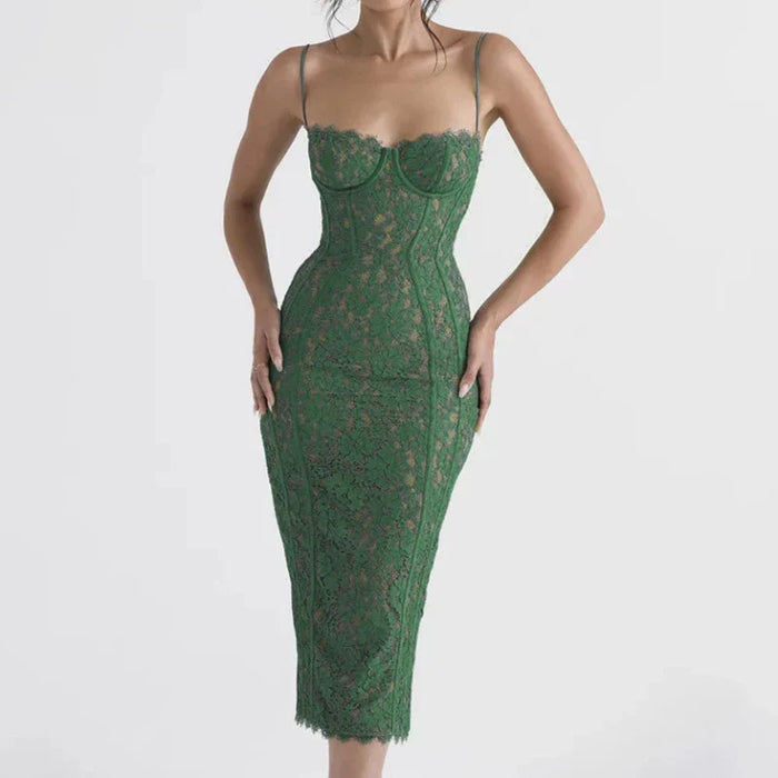 Lace Spaghetti Strap Midi Dress Green