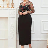 Plus Size Floral Mesh Embroidery Long Sleeve Midi Dress