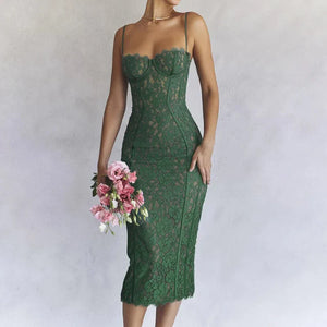 Lace Spaghetti Strap Midi Dress Green