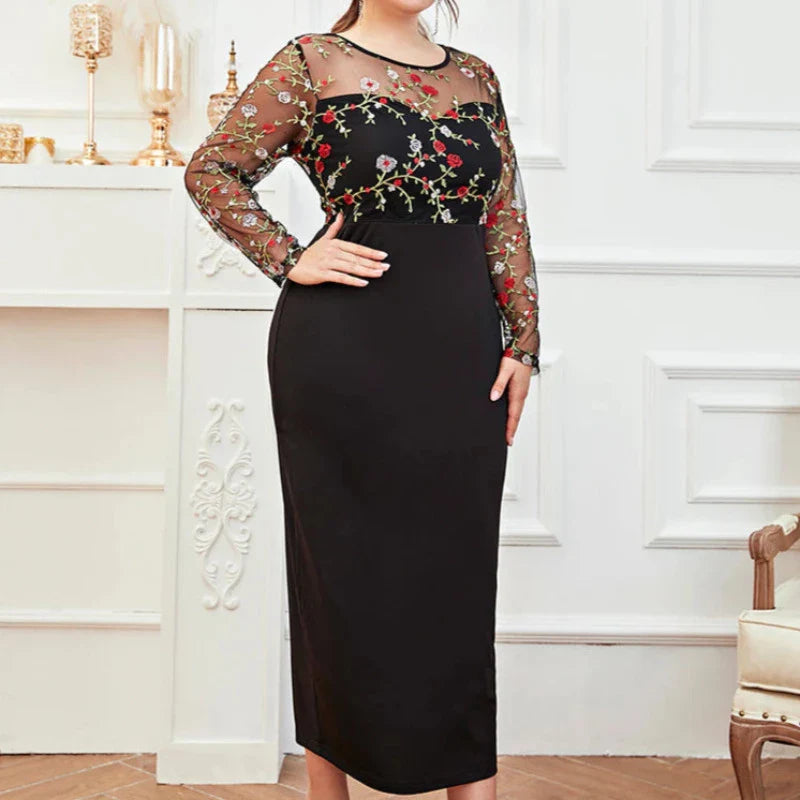 Plus Size Floral Mesh Embroidery Long Sleeve Midi Dress