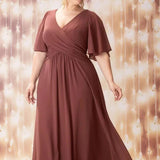 Plus Size Short Sleeve Chiffon Maxi Dress Rust