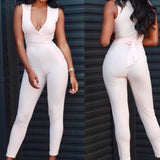 Deep V-Neck Fitted Jumpsuit Beige