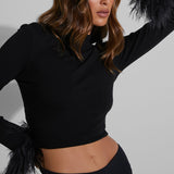 Feathered Long Sleeve Crop Top Black