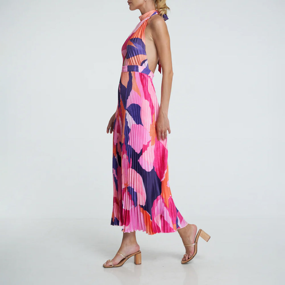 Capri Print Halter Neck Pleated Maxi Dress