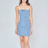 Distressed Denim Banded Strapless Bodycon Mini Dress Light Blue