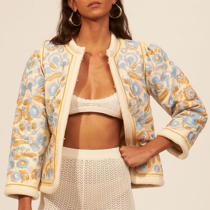 Floral Embroidered Cotton Jacket White