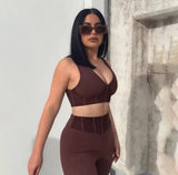 V-Neck Crop Top and High Waist Leggings Matching Set