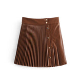 Faux Leather Mini Pleated Button Detail Skirt Brown