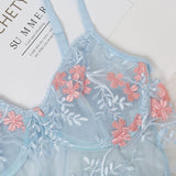 2-Piece Floral Embroidery Lingerie Set Light Blue