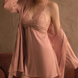 3-Piece Silk Embroidery Lace Sleepwear Set Pink