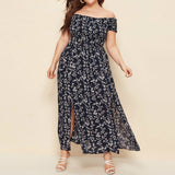 Plus Size Off Shoulder Floral Print Side Slit Maxi Dress Navy Blue