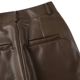 Faux Leather Straight Wide Leg Pants Brown