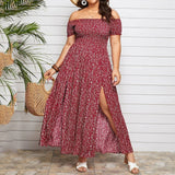 Plus Size Off Shoulder Floral Print Side Slit Maxi Dress Red