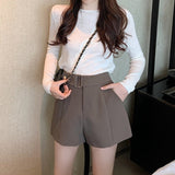 High Waist Belt Accent Shorts Gray